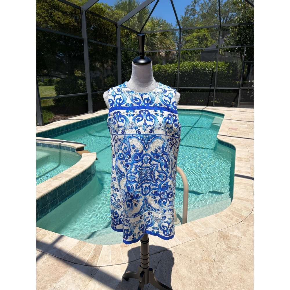 Dolce & Gabbana Blue White Majolica Tile Brocade Shift Mini Dress IT 46 US 10 - Picture 7 of 8